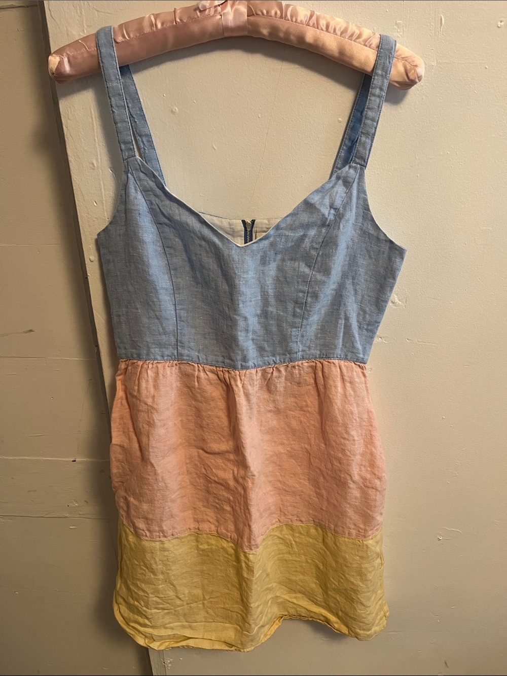 Cynthia Rowley Colorblock 100% Linen Mini Dress in Blue, Peach & Yellow